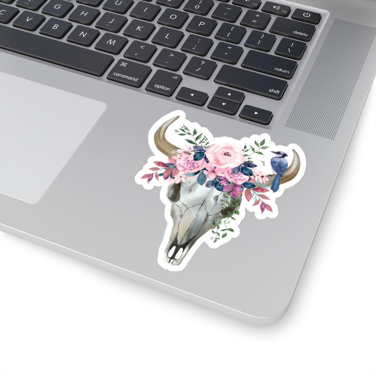 Pink flower cow skull with blue jay Kiss-Cut Sticker