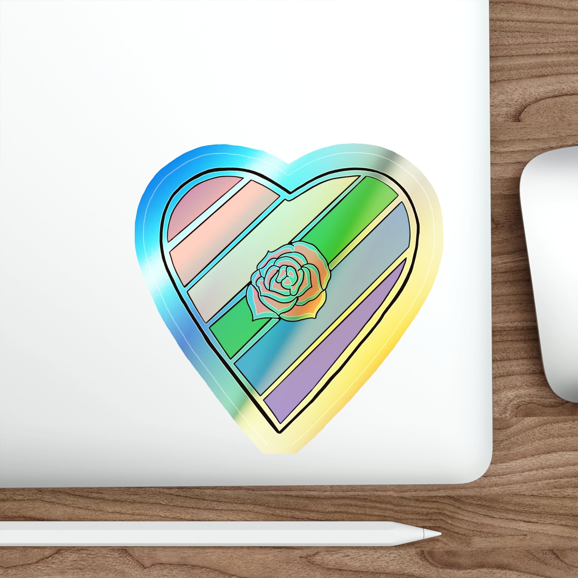 Rainbow Heart rose Holographic Die-cut Sticker Paper products Printify   