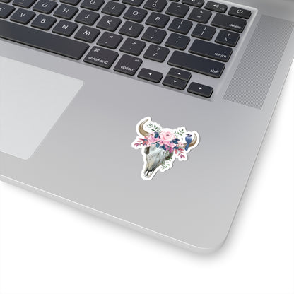 Pink flower cow skull with blue jay Kiss-Cut Sticker