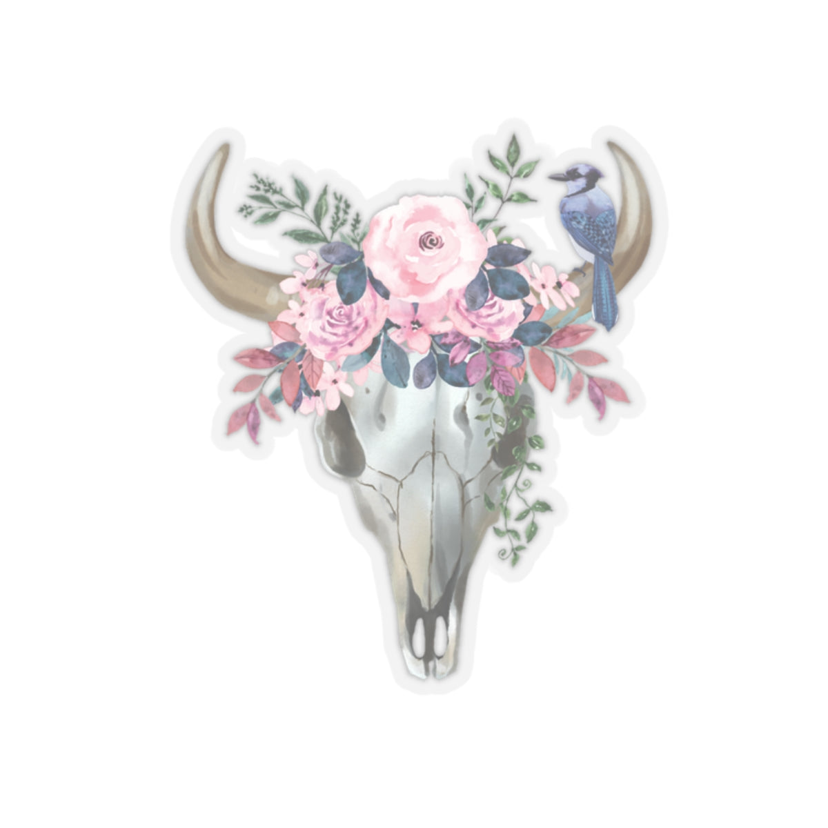 Pink flower cow skull with blue jay Kiss-Cut Sticker