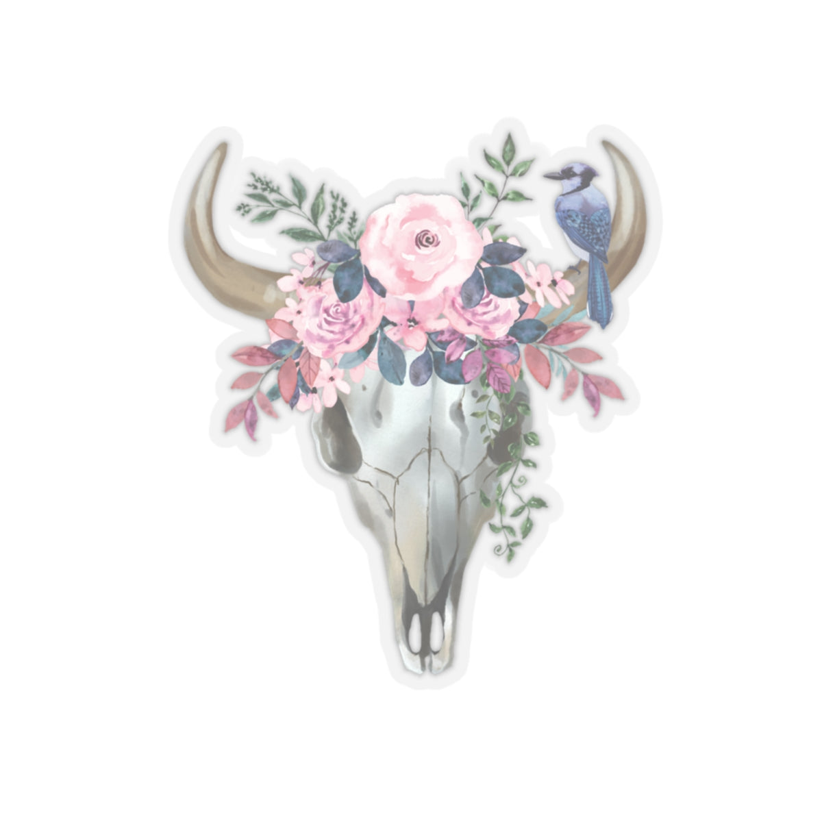 Pink flower cow skull with blue jay Kiss-Cut Sticker