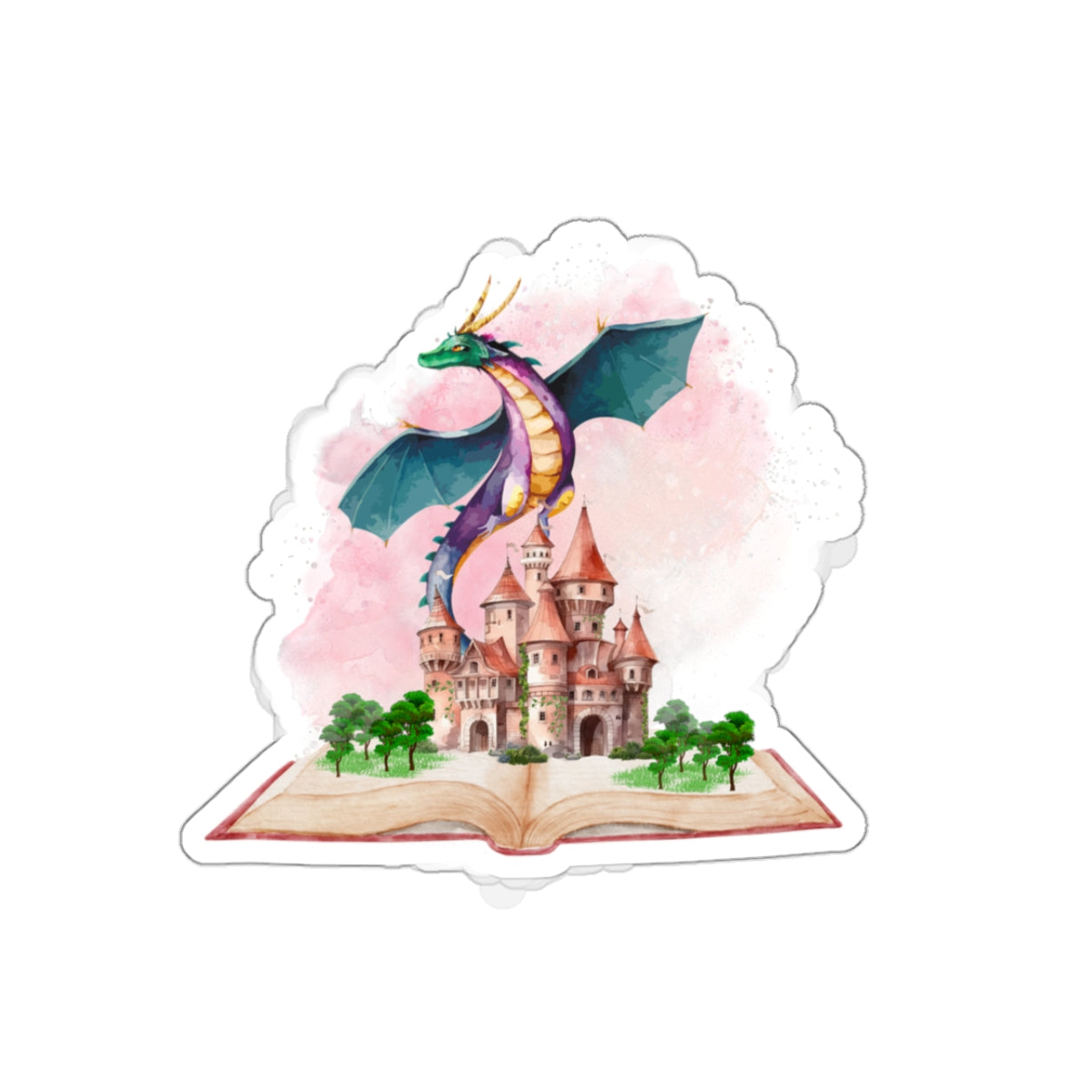 Dragon and castle fantasy book Kiss-Cut Sticker Paper products Printify   