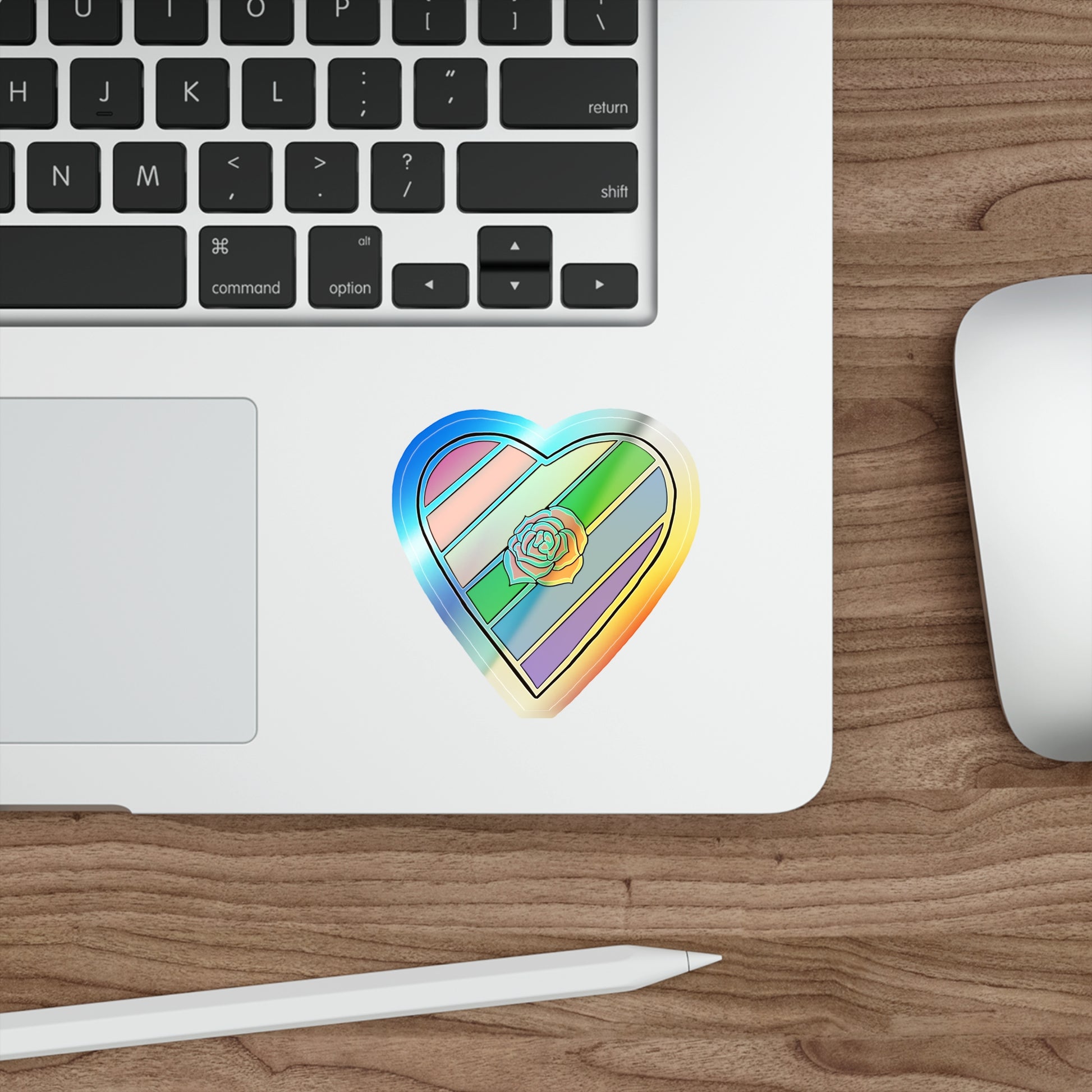 Rainbow Heart rose Holographic Die-cut Sticker Paper products Printify   