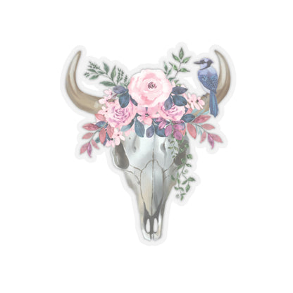 Pink flower cow skull with blue jay Kiss-Cut Sticker