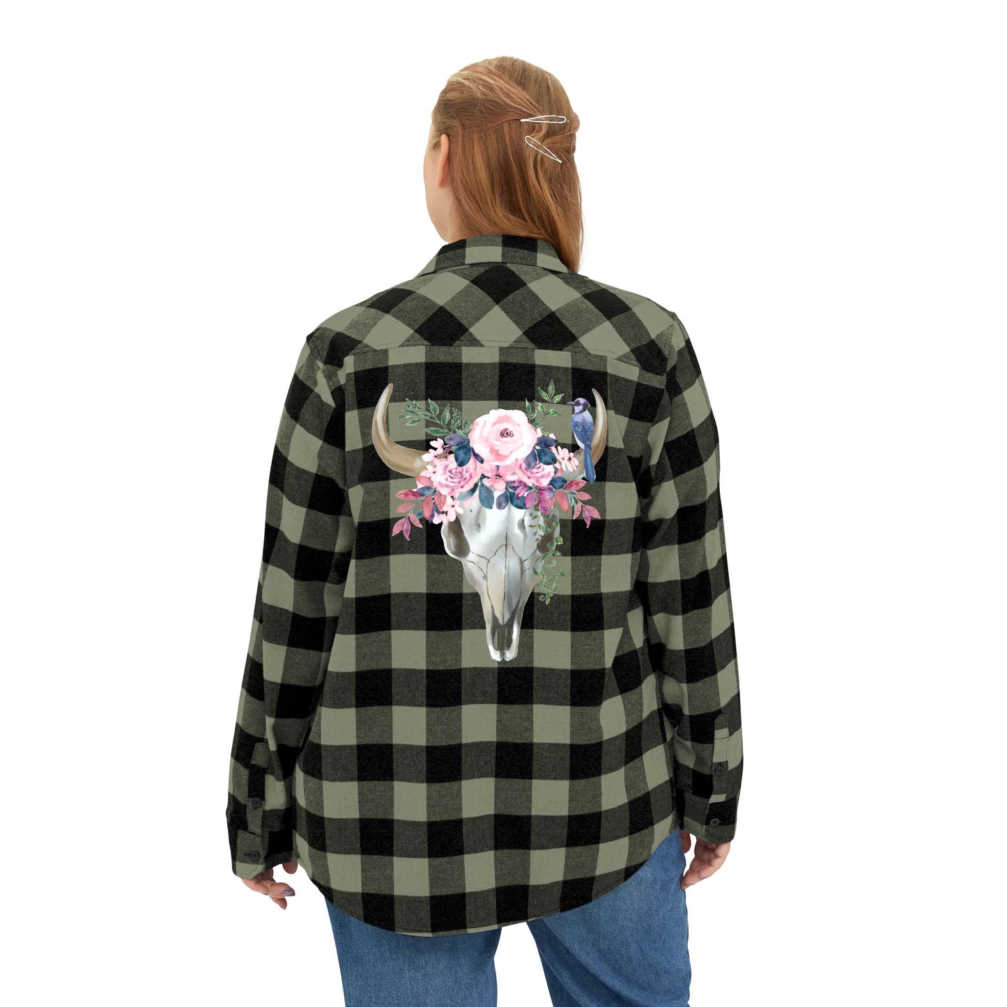 Pink floral cow skull Unisex Flannel Shirt