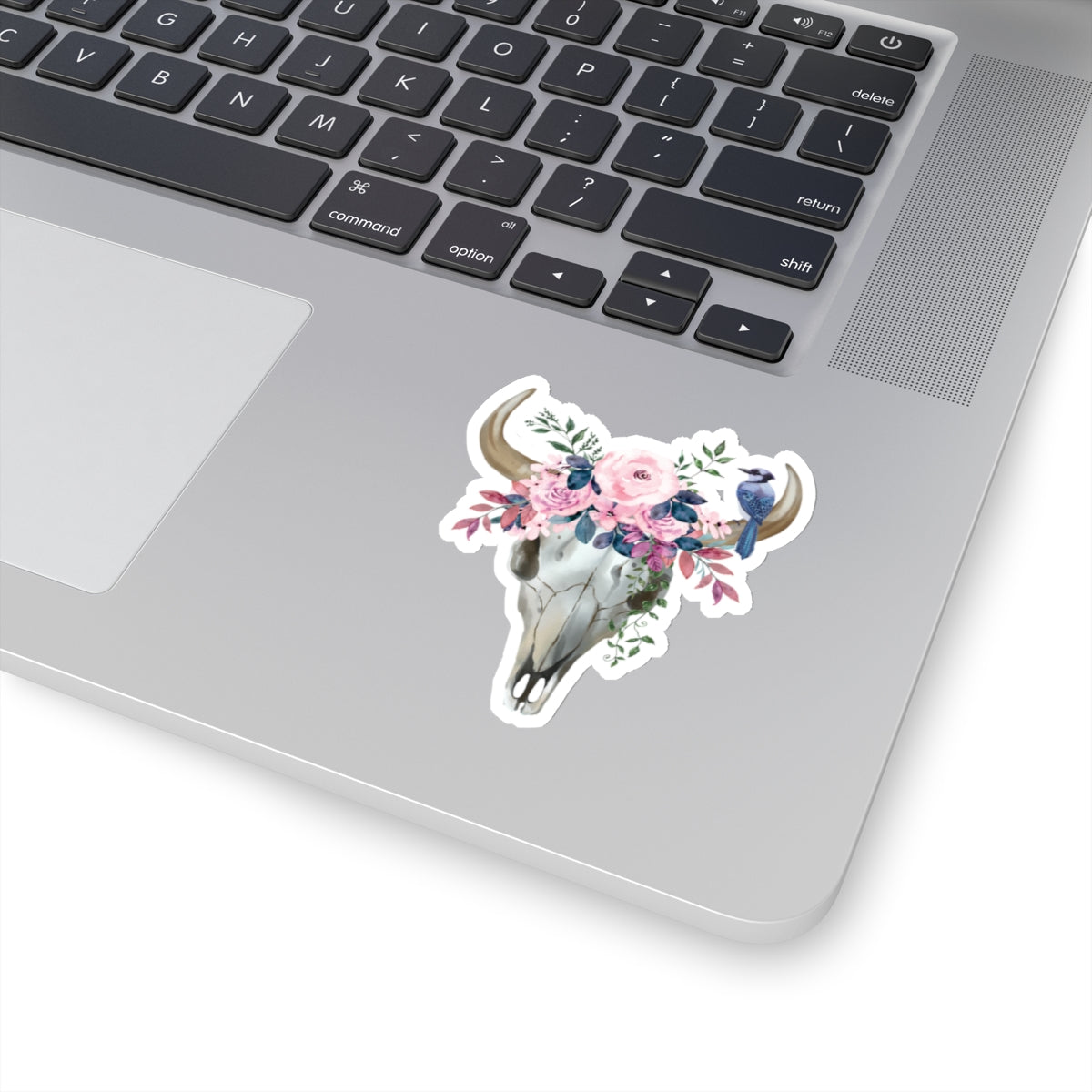 Pink flower cow skull with blue jay Kiss-Cut Sticker