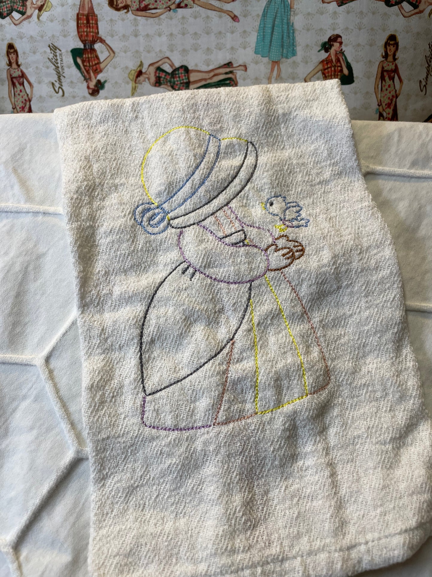 Sunbonnet Sue embroidered tea towel  April & Mae designs and alterations   