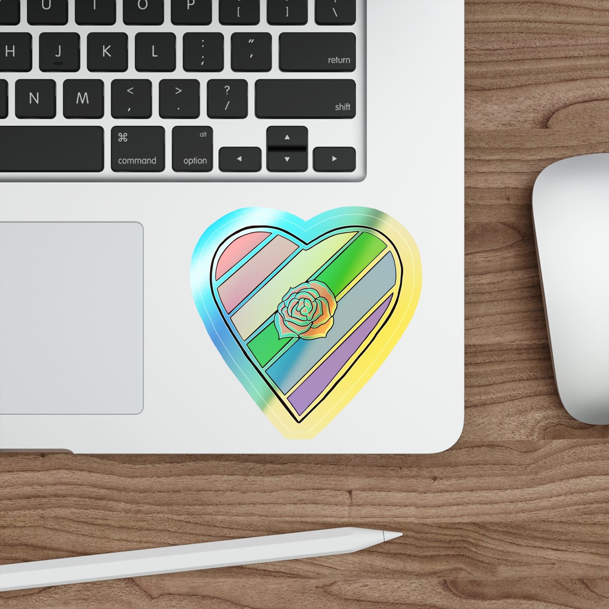 Rainbow Heart rose Holographic Die-cut Sticker Paper products Printify   