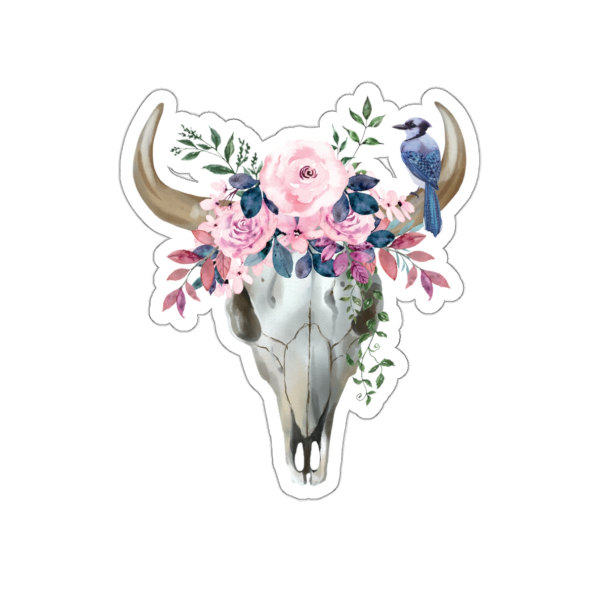 Pink flower cow skull with blue jay Kiss-Cut Sticker