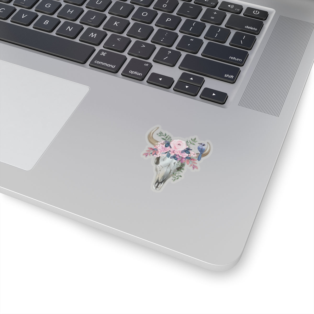 Pink flower cow skull with blue jay Kiss-Cut Sticker