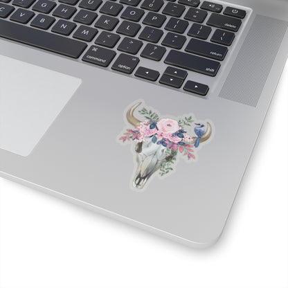 Pink flower cow skull with blue jay Kiss-Cut Sticker