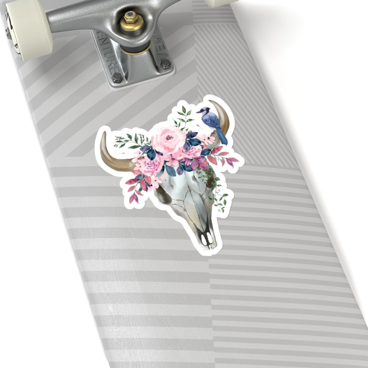 Pink flower cow skull with blue jay Kiss-Cut Sticker