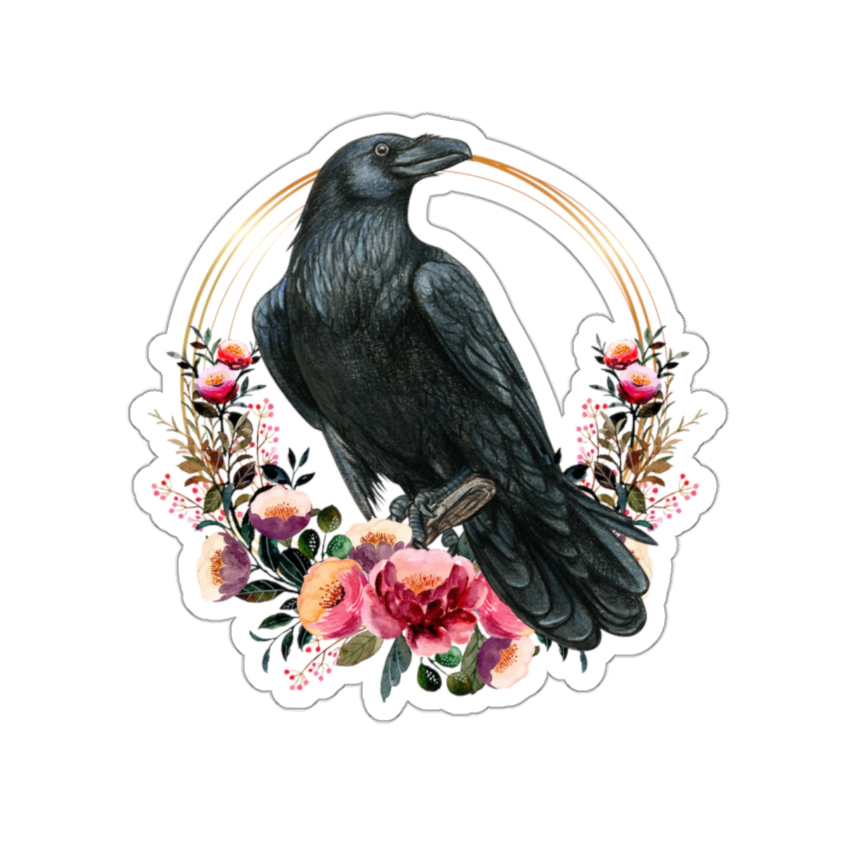 Raven Kiss-Cut Stickers with Gold Details and Flowers