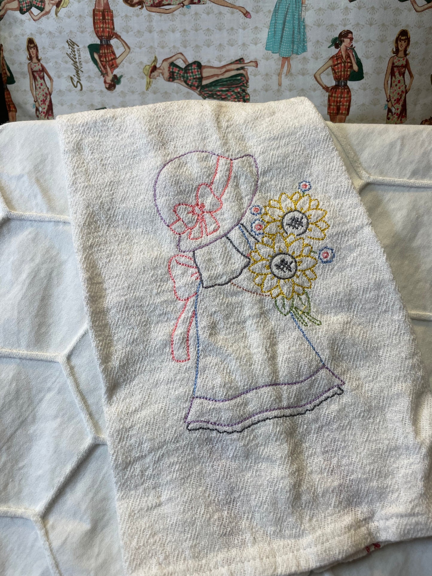 Sunbonnet Sue embroidered tea towel  April & Mae designs and alterations   