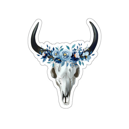 Blue floral cow skull Kiss-Cut Sticker