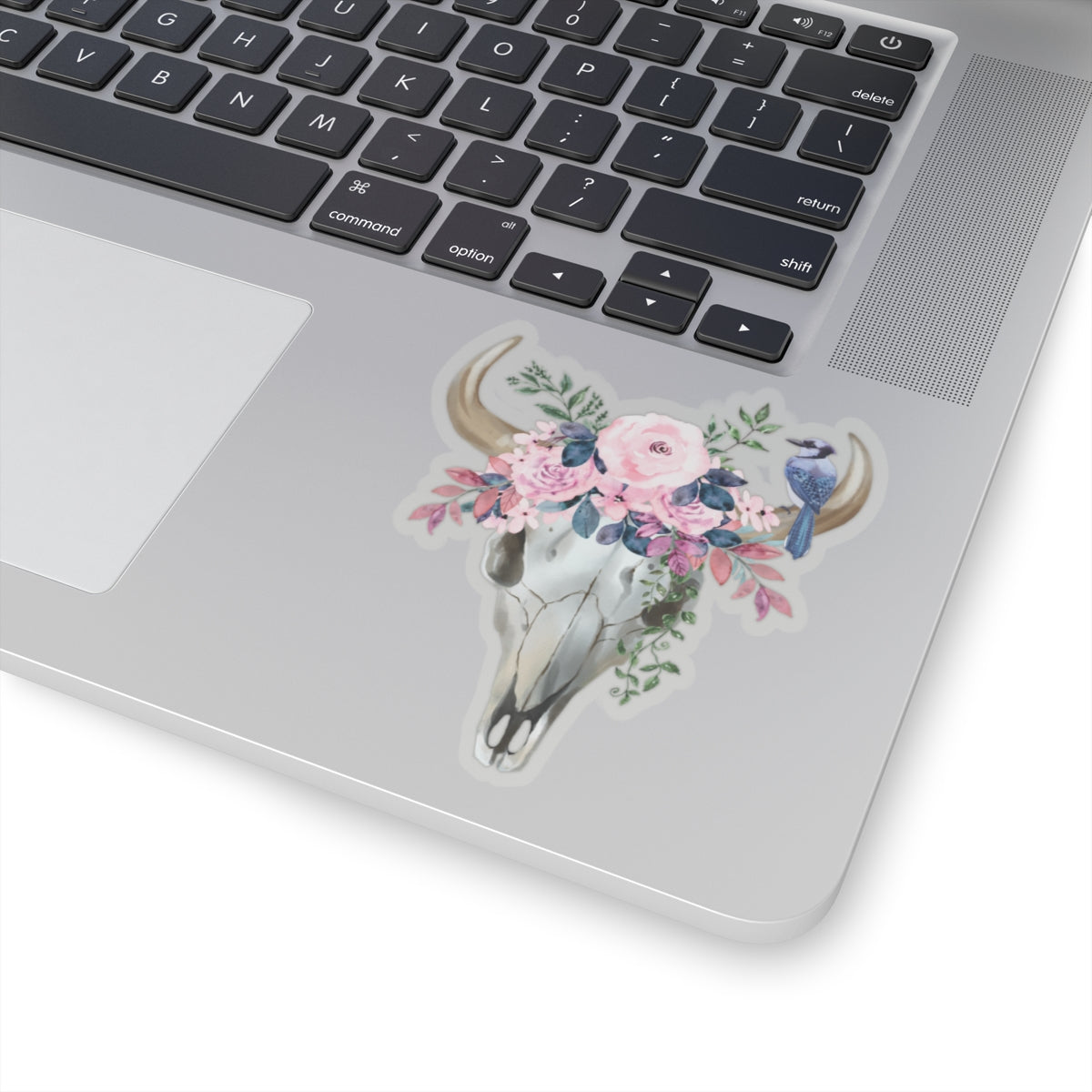 Pink flower cow skull with blue jay Kiss-Cut Sticker