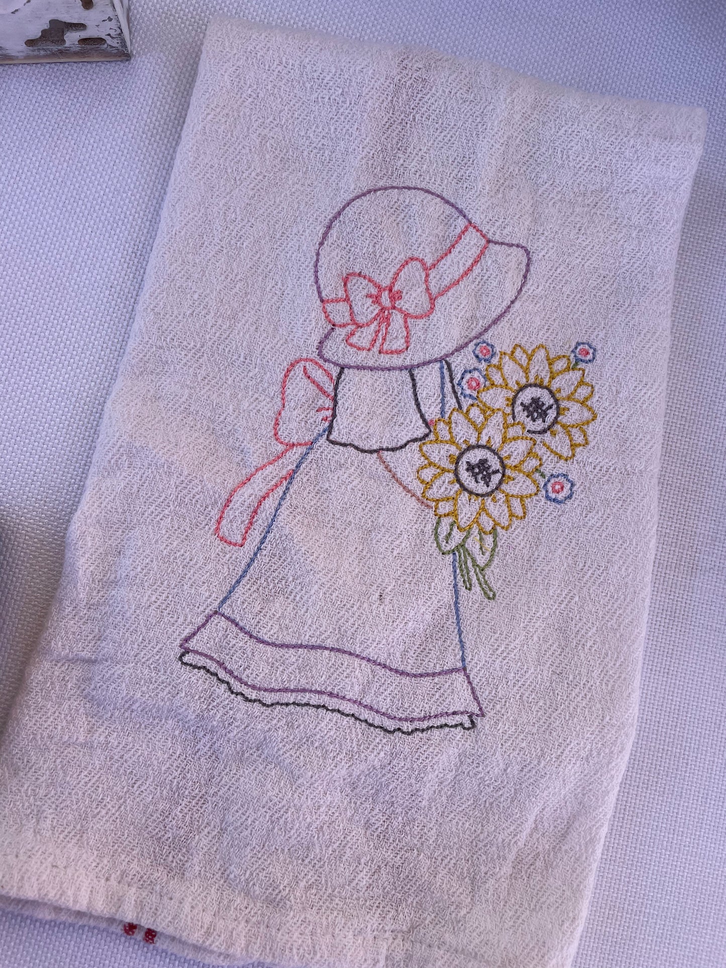 Sunbonnet Sue embroidered tea towel  April & Mae designs and alterations   