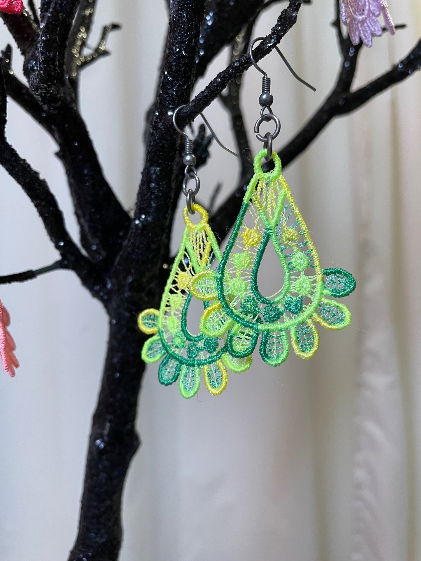 Green free standing lace teardrop earrings earrings April & Mae designs and alterations   