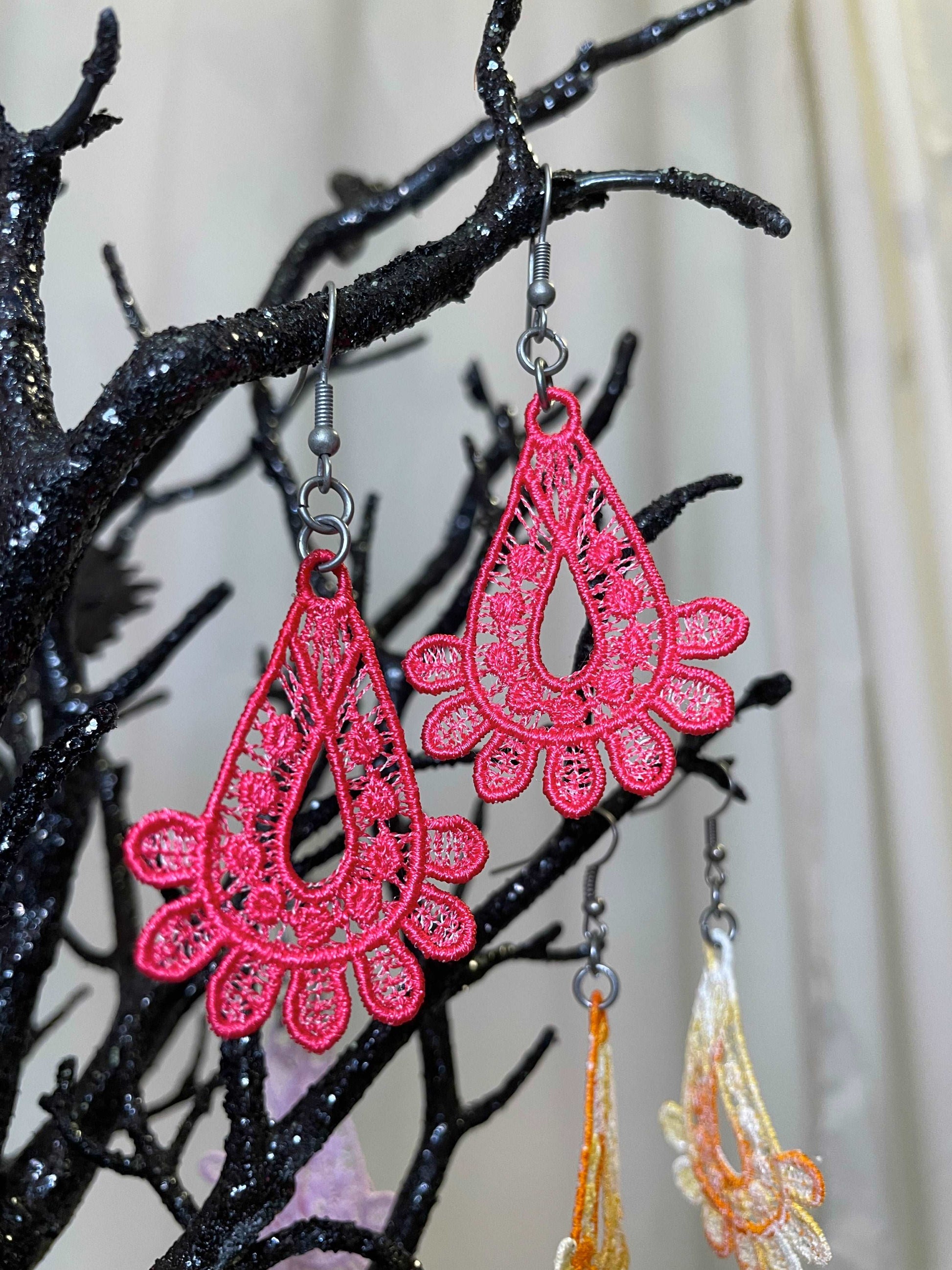 deep pink free standing lace teardrop earrings earrings April & Mae designs and alterations   