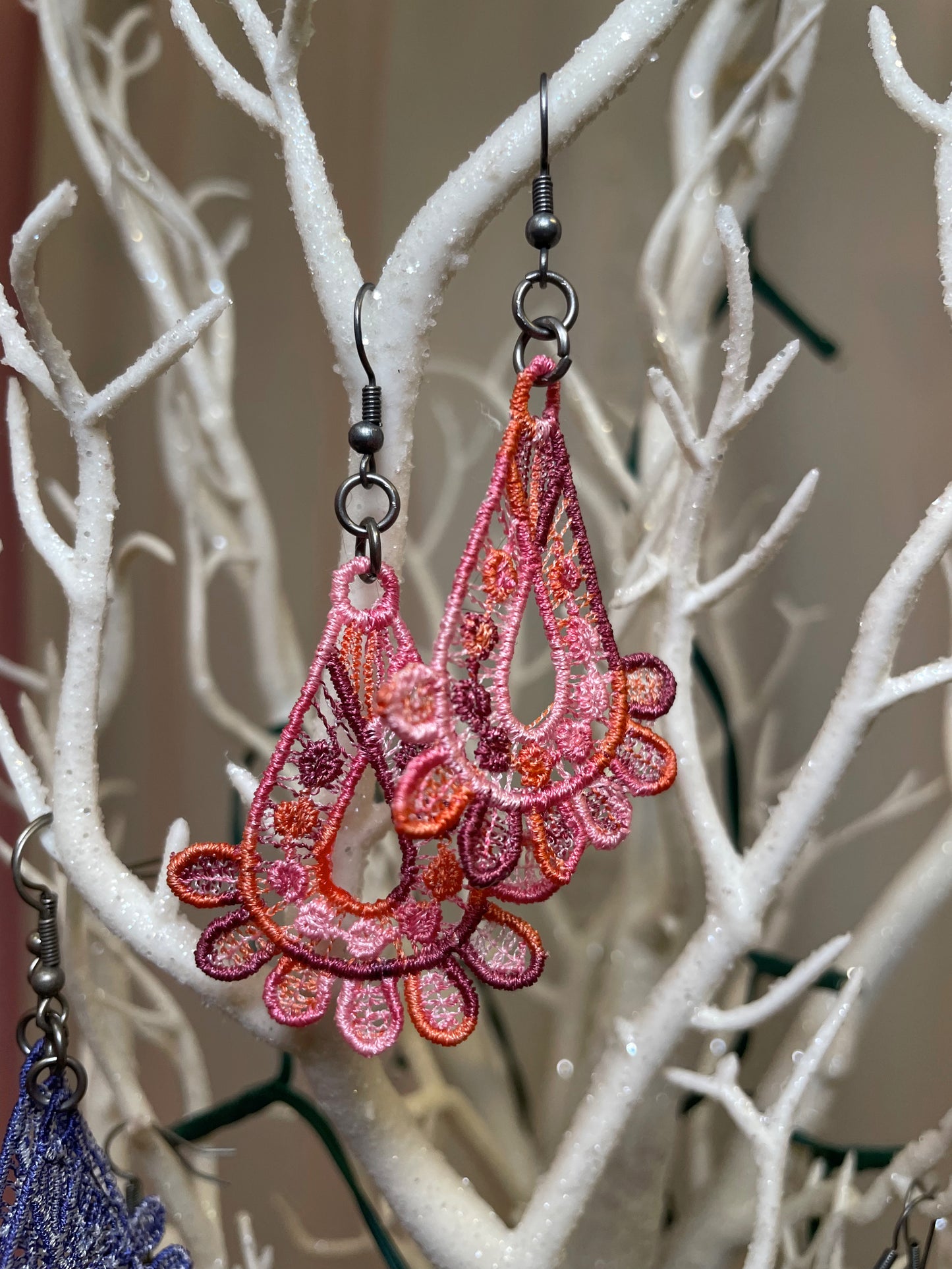 Multi colored pink free standing lace teardrop earrings earrings April & Mae designs and alterations   