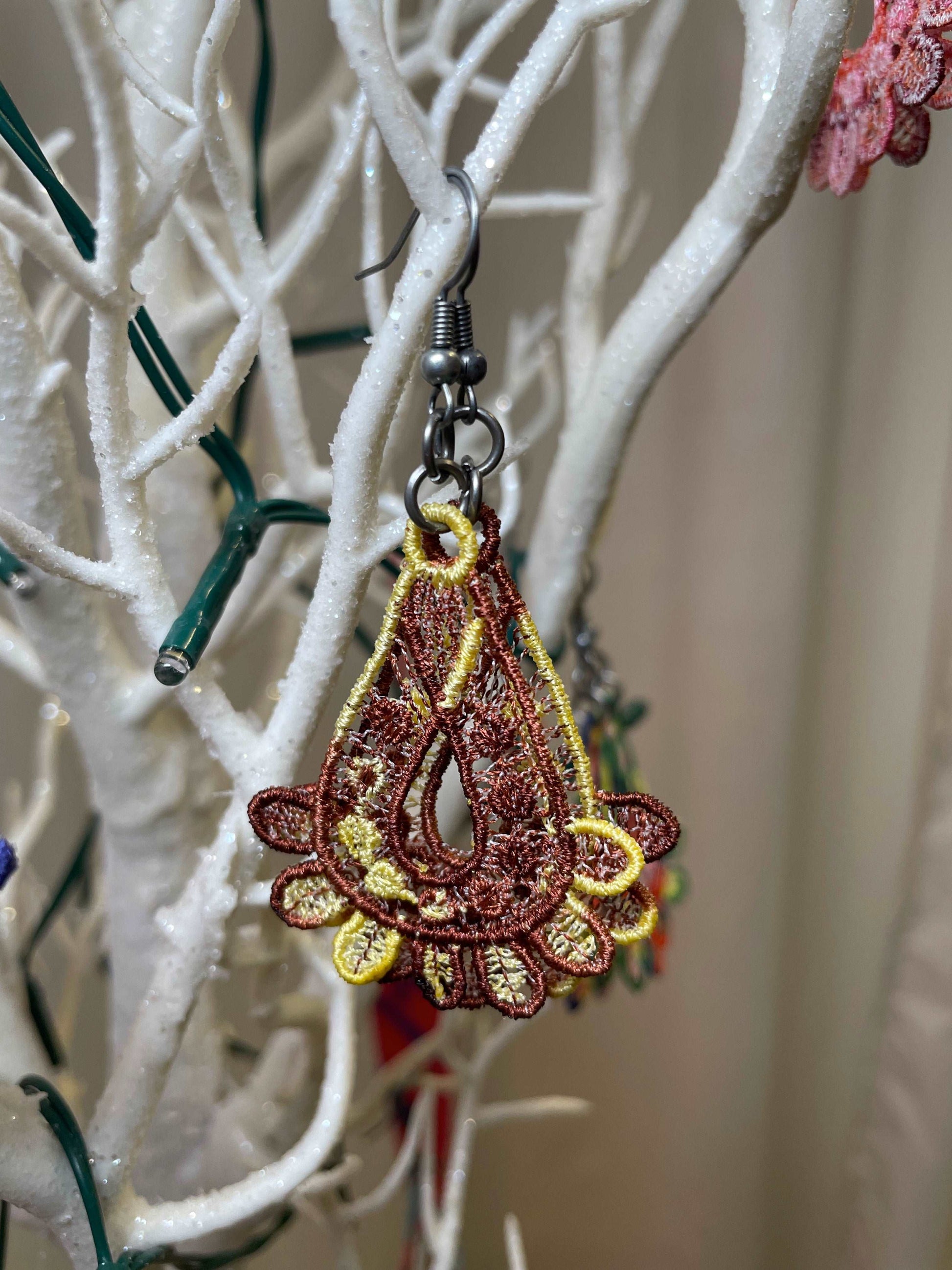 brown and yellow free standing lace teardrop earrings earrings April & Mae designs and alterations   