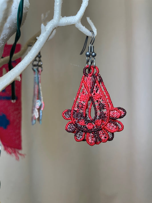 Red and Black free standing lace teardrop earrings earrings April & Mae designs and alterations   