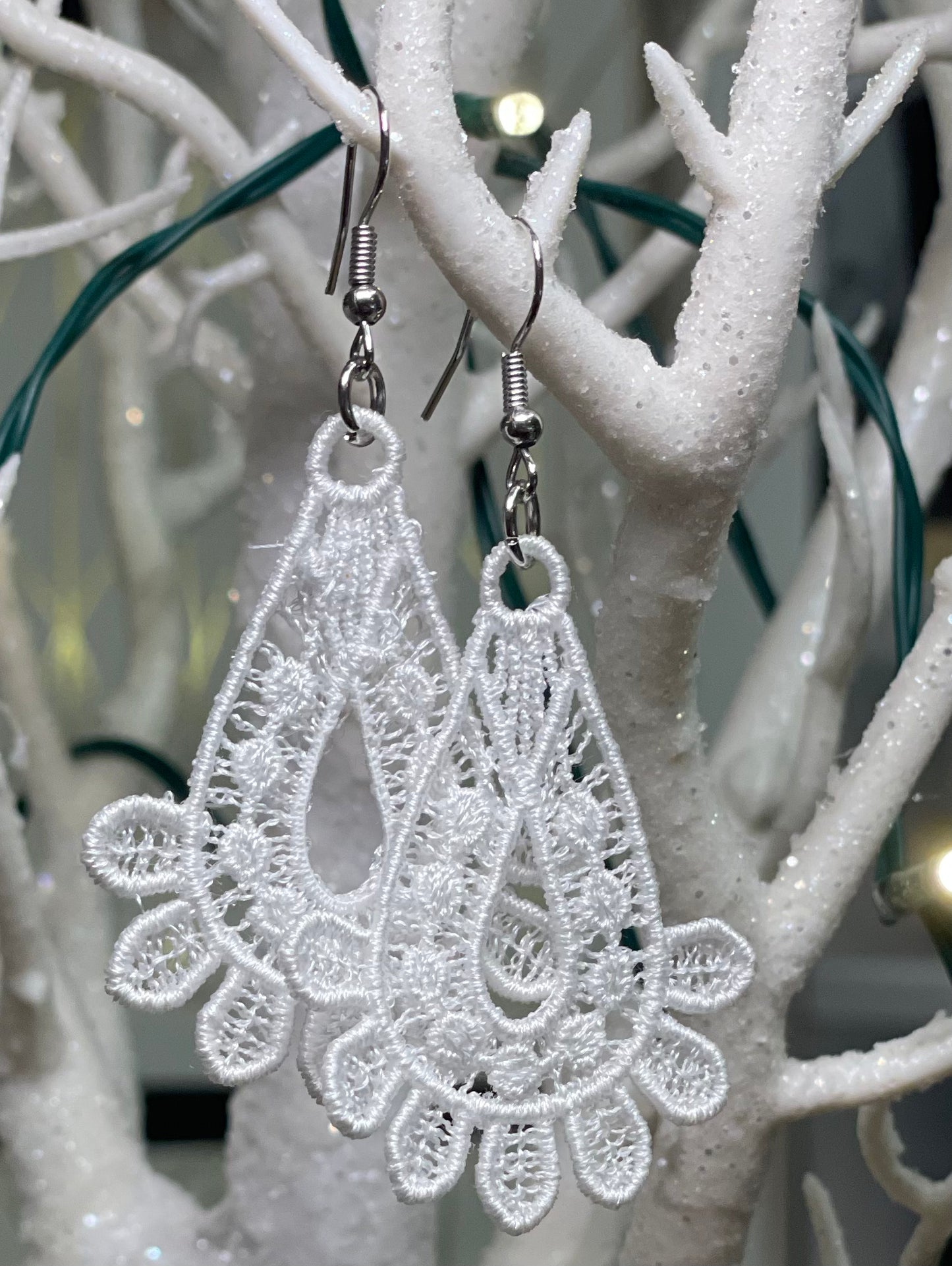 White free standing lace teardrop earrings  April & Mae designs and alterations    