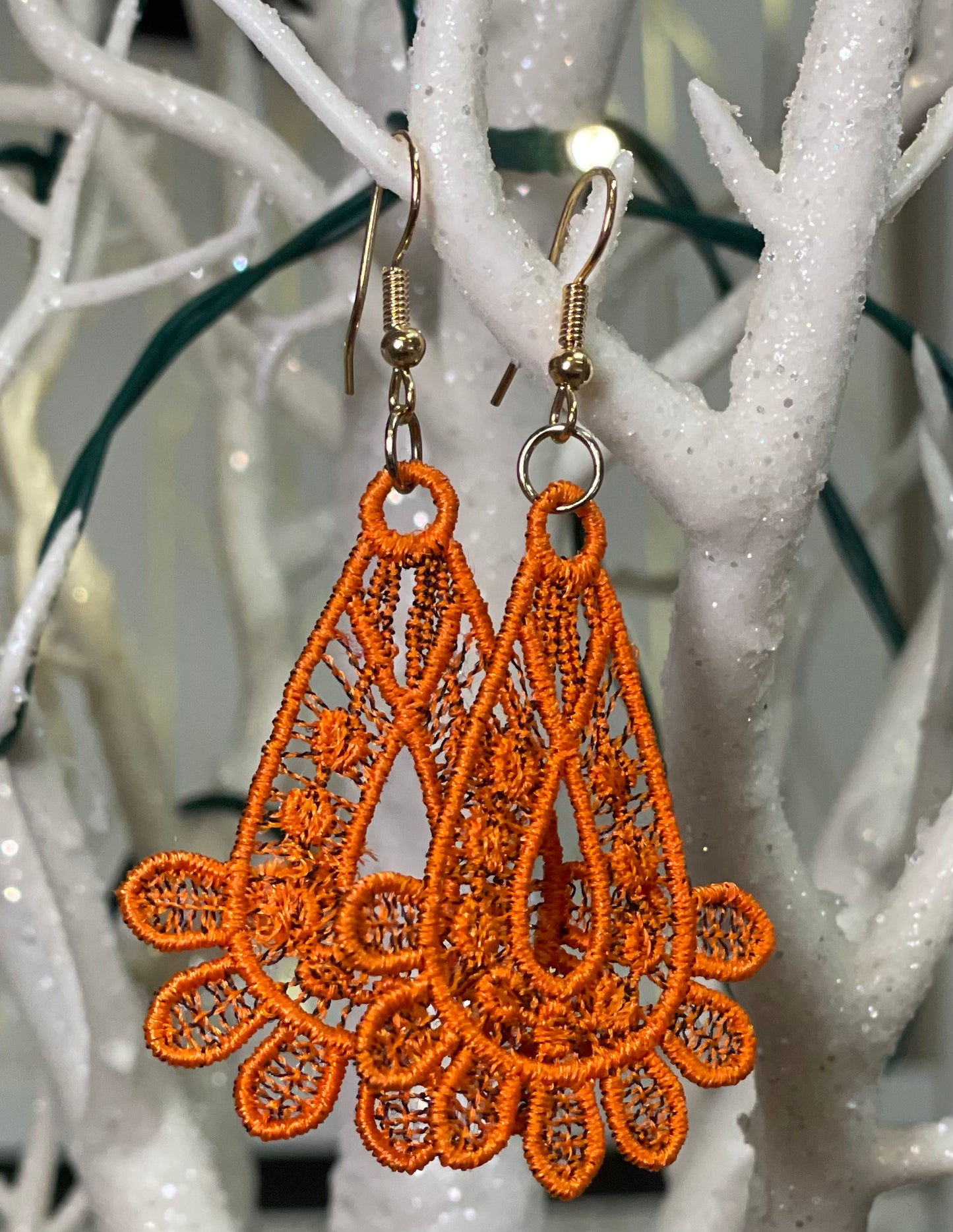 Orange and black free standing lace teardrop earrings  April & Mae designs and alterations    