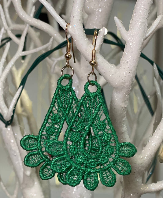 Green free standing lace teardrop earrings  April & Mae designs and alterations    