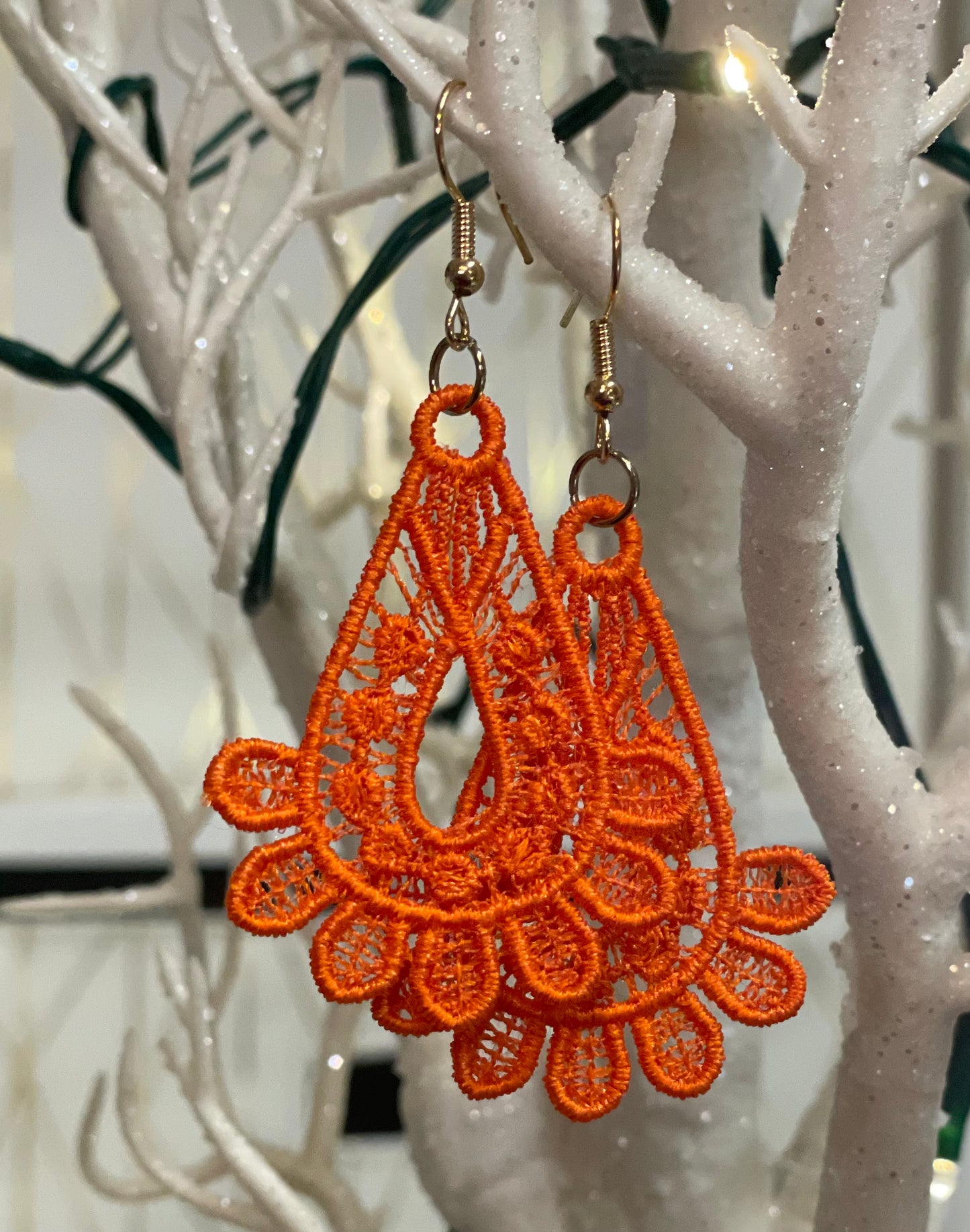 Orange free standing lace teardrop earrings  April & Mae designs and alterations    