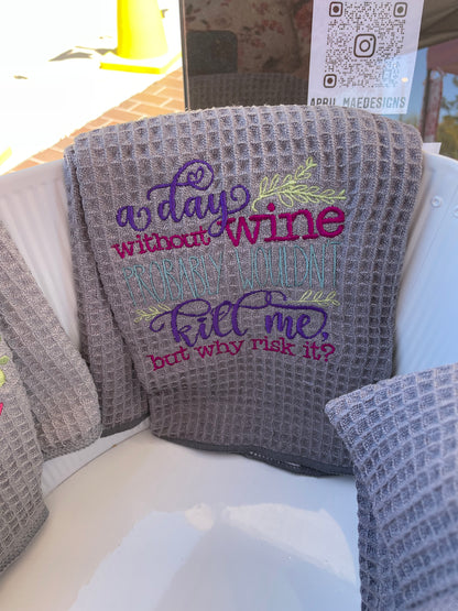 Wine embroidered hand towel  April & Mae designs and alterations    